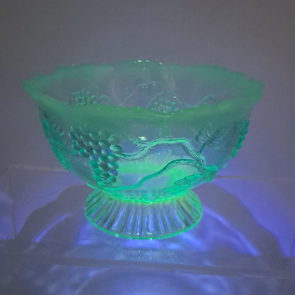 Vintage Jefferson Glass Blue Opalescent Footed Grapes & Vines Dish
